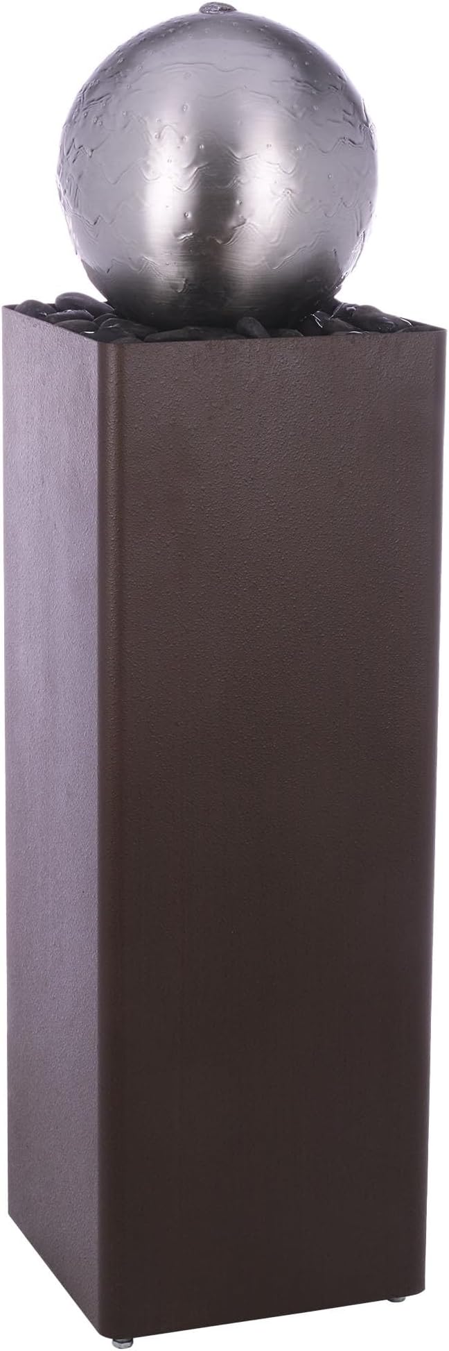 Alpine Corporation CPS188 Indoor Outdoor Modern Metal Orb Water Floor Fountain with River Rock Stone for Patio, Garden and Living Room, 37" H, Brown