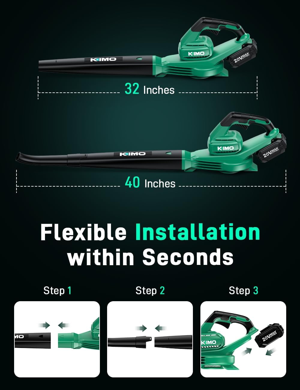 KIMO Leaf Blower Cordless with Battery and Charger, 2 Pack Batteries, Extension Tube, 20000 RPM Variable Speed, Lightweight Cordless Leaf Blower, Battery Operated Leaf Blowers for Lawn Care and Patio