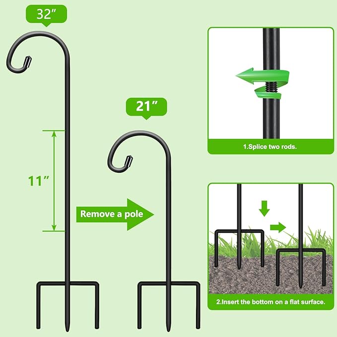 FEED GARDEN Adjustable 32 Inch Small Shepherd Hooks for Outdoor, Garden Hooks for Lanterns, Shepard Hooks for Hanging Plants, Bird Feeders, Solar Lights, Mason Jars, Weddings Decor,8 Pack