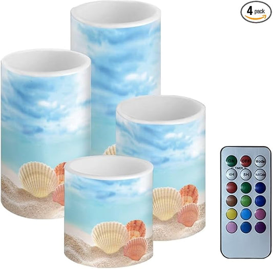 Flameless Candles Battery Powered LED Candle with Remote Timer Color Changing Control Set of 4 for Indoor Outdoor Beach Wedding Home Indoor Coastal Decor, Beach Seashell Blue