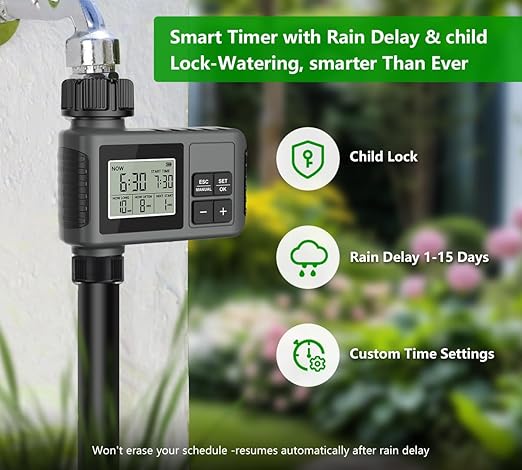 60FT Drip Irrigation System with Water Timer – Automatic Garden Watering Kit with 360° Bendable Hose & Adjustable Nozzles, Smart Irrigation System for Greenhouse, Lawn, Yard & Plants