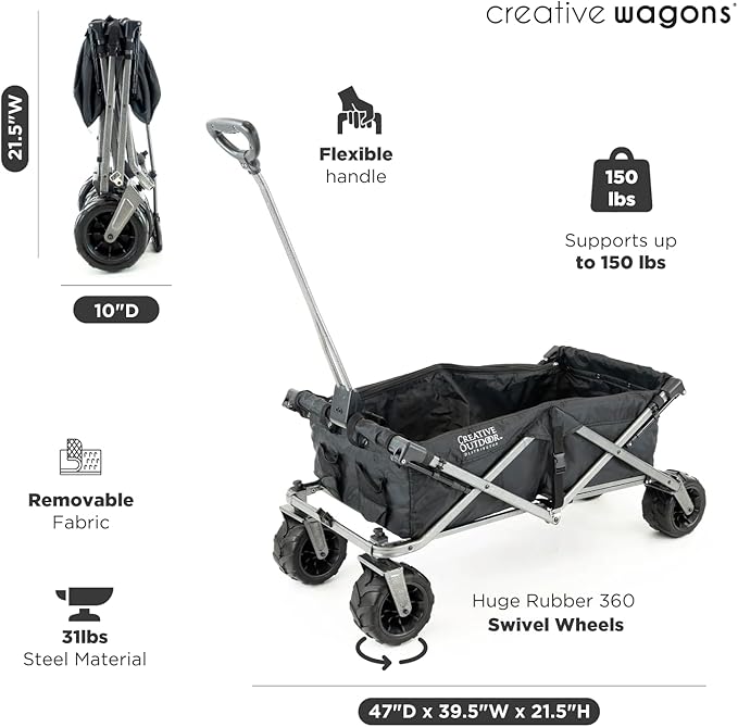 Creative Outdoor All-Terrain Deluxe Wagon | 360 Swivel All Terrain Wheels | Great for Beach, Park, Garden & Tailgate | Multiple Color Options