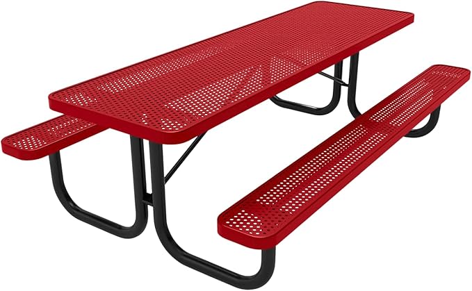 Coated Outdoor Furniture Heavy-Duty Portable Outdoor Picnic Table, Thermoplastic Coated Punched Steel Commercial-Grade Patio Dining Furniture Made in America (8ft Rectangular, Textured Red)
