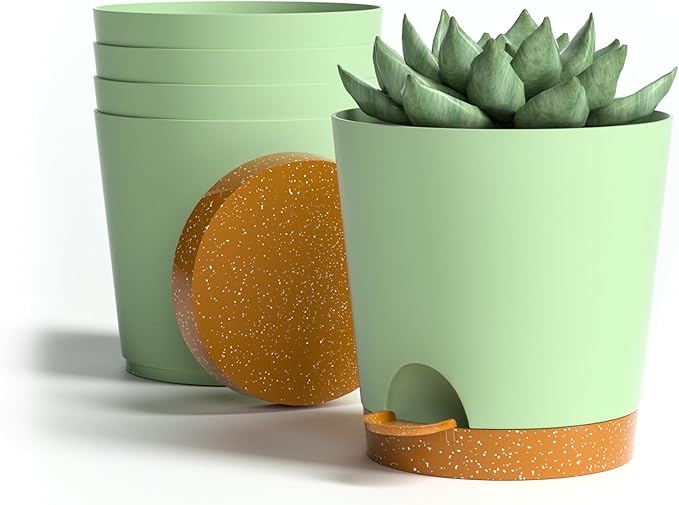 4 inch Small Plant Pots for Outdoor Indoor Plants, 5 Pack Planters with Drainage Holes and Tray, Small Self Watering Pots for Succulent,Cactus, Aloe and Other Plants (Green)