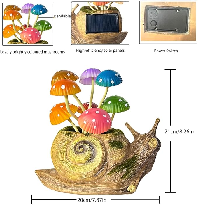 1 Pack Solar Garden Mushroom Snail Statue Gift, Solar Outdoor Sculpture Outdoor Patio Art, Porch Deck Balcony Front Garden Decoration, Unique House Warming Gift