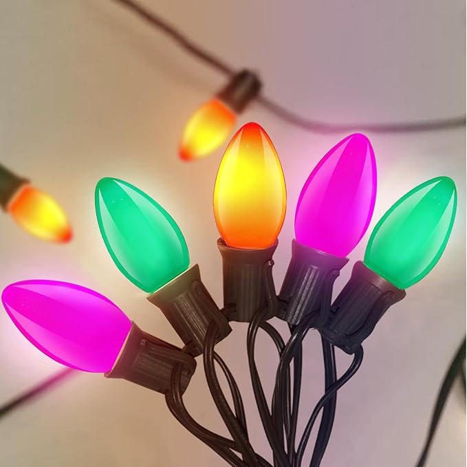 C7 LED Multicolor Christmas Lights, 25Ft with 27 Orange Green Purple Bulbs, Hanging Vintage Outdoor Christmas Decorations for Roofline Garden Patio Holiday Backyard