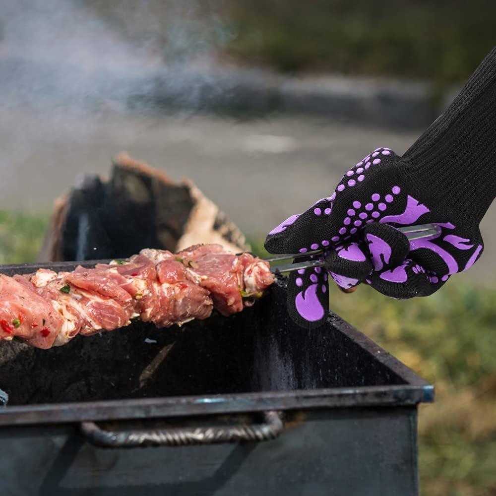 Comsmart BBQ Gloves, 1472 Degree F Heat Resistant Grilling Gloves Silicone Non-Slip Oven Gloves Long Kitchen Gloves for Barbecue, Cooking, Baking(Purple)