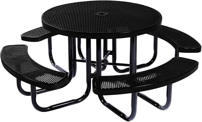 Heavy-Duty Portable Outdoor Picnic Table with Umbrella Hole, Punched Steel Commercial-Grade Patio Dining Furniture Made in America (46" Round Top, Textured Black)