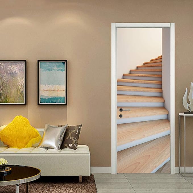 3D Door Stickers Murals - Stairs - Peel and Stick - Waterproof & Washable - Matt Finish - Modern Style - White - 37.4" x 84.6"