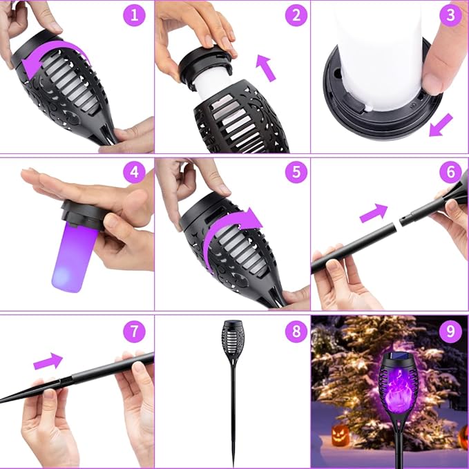 8Pack Halloween Decorations Outdoor, Halloween Solar Lights with Purple Flame for Halloween Decor, Waterproof Halloween Lights Outdoor, Solar Pathway Lights for Lawn Outside Halloween Yard Decorations