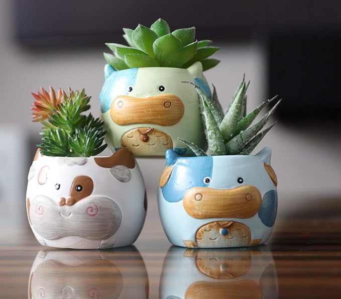 Cow Planter Pots for Small & Succulent Sized Plants, Decorative Indoor & Outdoor Garden Backyard Flower Ceramic Pot Planter Holder, Set of 6, 2.7 in