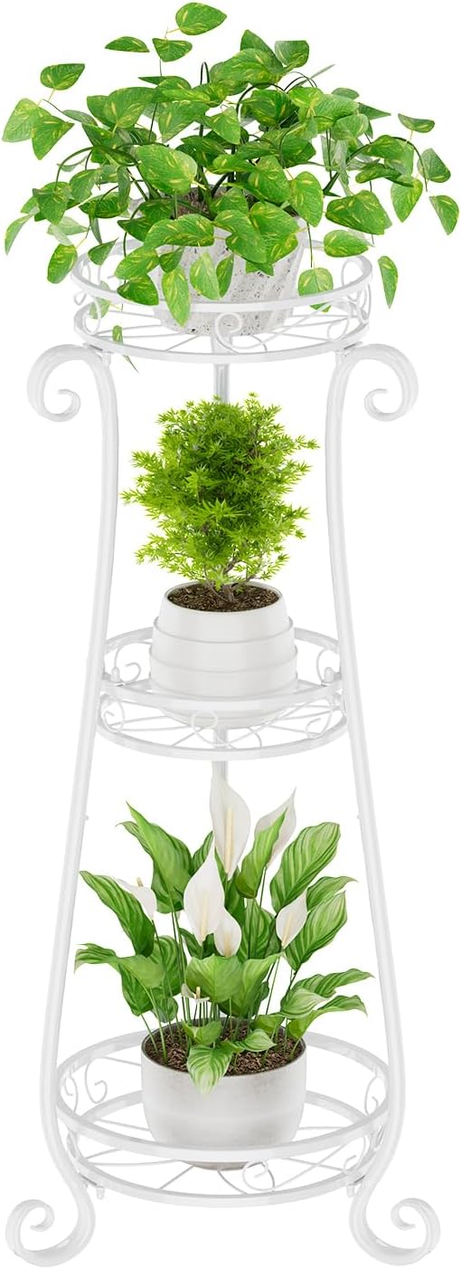 KMOTASUO 3 Tier Metal Plant Stand Indoor, 34 Inch Tall Corner Plant Stands for Indoor Plants, Flower Pot Holder Shelf Display Rack for Balcony Garden Patio Living Room(White)