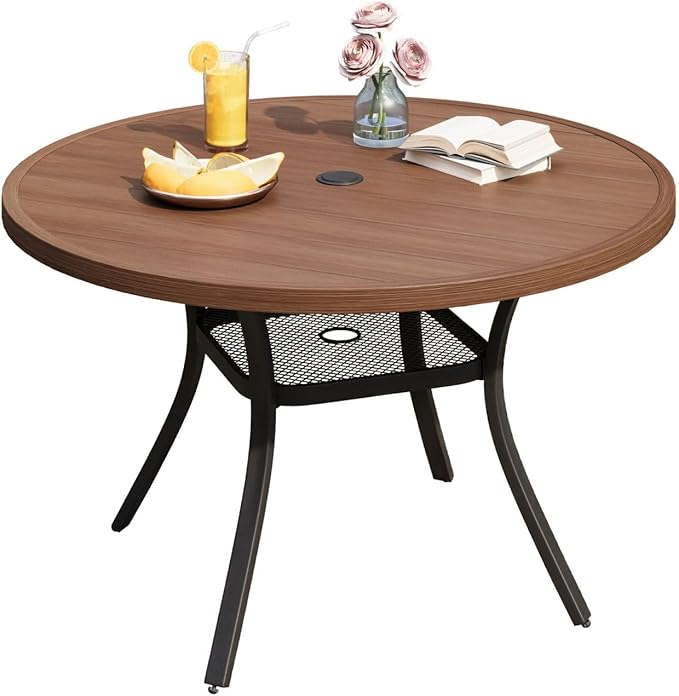 DIFY 48" Round Patio Dining Table for 6, All Weather Round Outdoor Metal Dining Table with 1.57" Umbrella Hole, Perfect for Backyard Lawn Garden, Walnut