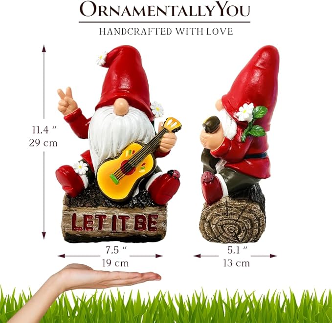 Hippy Gnome with Guitar Garden Statue, Unique Flowers and Peace Sign
