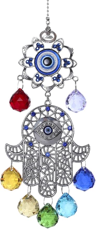 Hamsa Hand with Blue Evil Eye Protection Hanging Crystal Ornament with Chakra Energy Crystal Balls