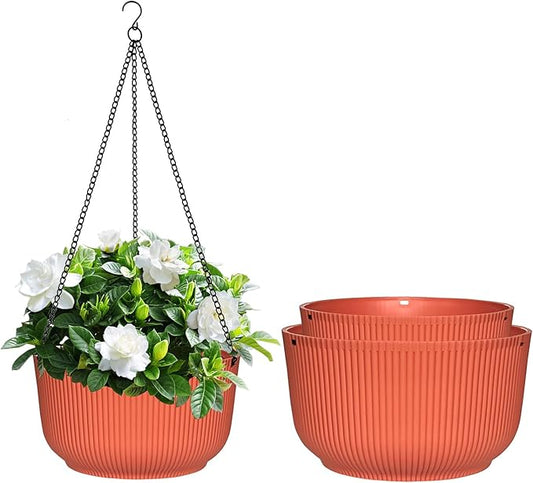 Hanging Planters for Indoor Plants, 3 Pack Plant Hanger Outdoor with Drainage Holes, Self Watering Hanging Basket Flower Pot for Garden Home Decor, 9/10/11 Inch, Orange