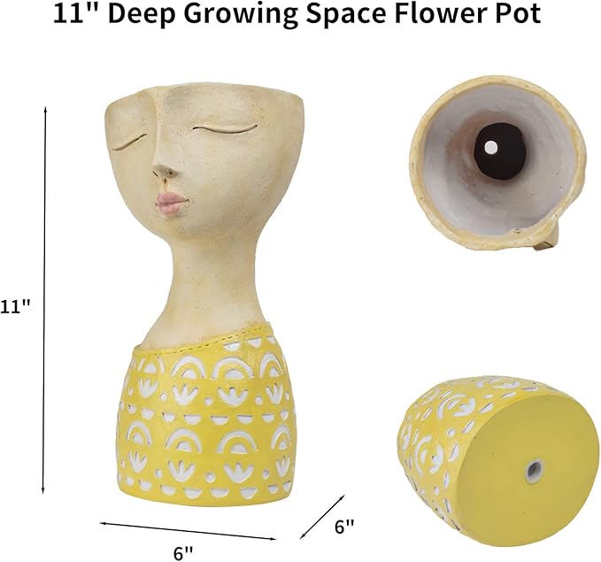 DiliComing Face Planter-Pots for Indoor Plants - 11 Inch Tall Planters for Flowers Head Planter with Drainage for Patio Yard Garden Succulent Pots Garden Décor 6 x 6 x 11 Inch