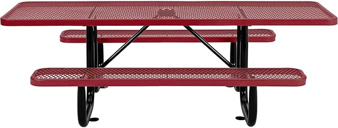 Global Industrial 8'L Rectangular Picnic Table, ADA Compliant, Expanded Metal, Red Thermoplastic Coating, Attached Benches, 1-1/2” Umbrella Pole Hole, Outdoor-Rated