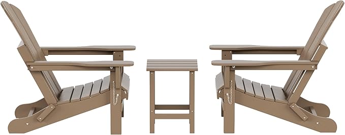 WO Home Furniture Adirondack Chairs Table Set of 3 PCS Outdoor Folding Chairs Side End Table Weather/UV Resistant for Lawn, Garden, Bon Fire, Balcony (Weathered Wood)