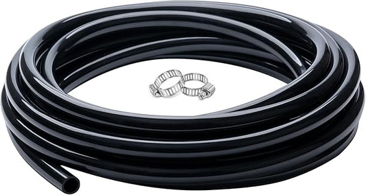1/2" id - 25ft Black Vinyl Tubing Flexible PVC Tube Hybrid Hose Transfer Water Fuel Gas for Pond Fountain Garden Waterfall, Durable and Safe, with 2 Hose Clamps