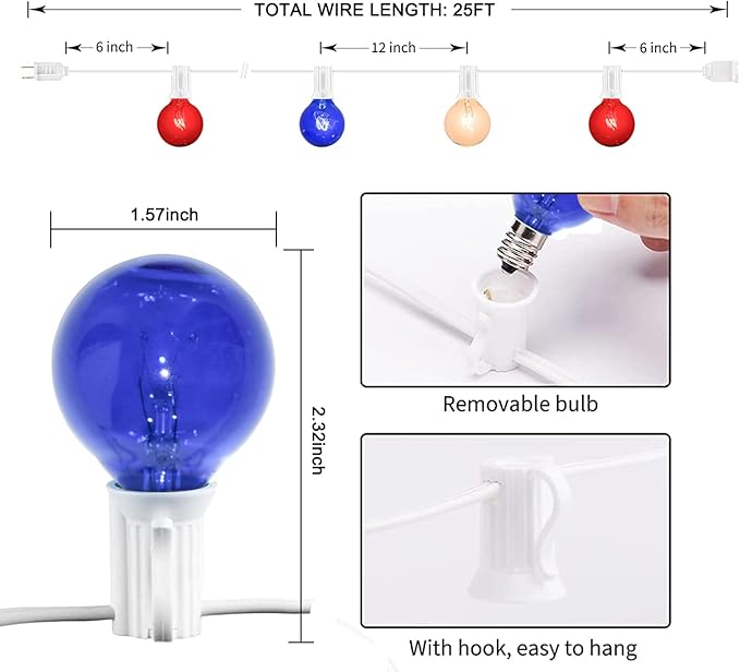 4th of July Decorations String Lights, 25Ft Outdoor Patio String Lights with 27 G40 Red White and Blue Light Bulbs(2 Spare), Multcicolor Christmas Lights for Patriotic Party Garden Festival Decor