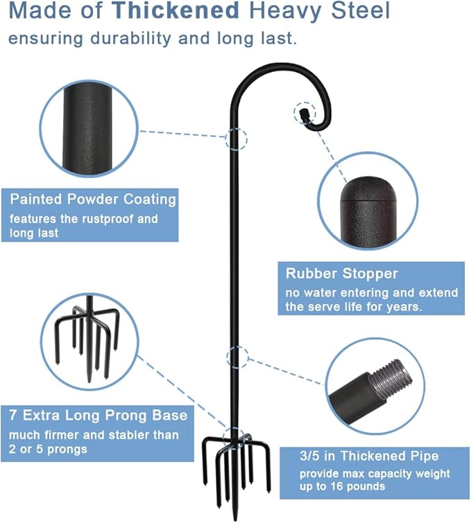 76 inch Outdoor Shepherd Hook with 7 Prong Base (1 Pack), Adjustable Heavy Duty Garden Hanging Stake for Bird Feeder Solar Light Plant Hanger Wedding Decor, Matte Black