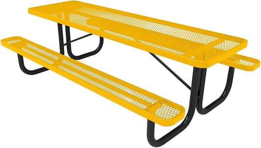 Coated Outdoor Furniture Heavy-Duty Portable Outdoor Picnic Table, Thermoplastic Coated Expanded Metal Commercial-Grade Patio Dining Furniture Made in America (8ft Rectangular, Yellow)