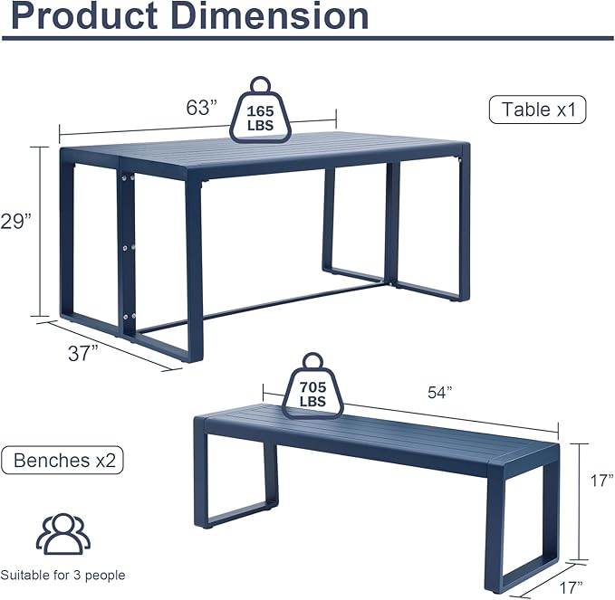 Aoodor 3-Piece Outdoor Patio Dining Set, Aluminum Furniture Set with 1 Rectangular Picnic Table and 2 Benches for Garden, Lawn, Yard