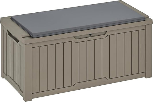 YITAHOME 120 Gallon Outdoor Storage Deck Box with Cushion, Large Resin Patio Storage for Outdoor Pillows, Garden Tools and Pool-Supplies, Waterproof, Lockable (Taupe)