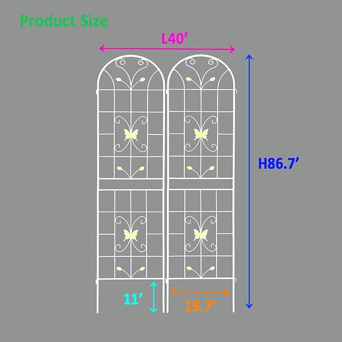 2 Pack Metal Garden Trellis 86.7" Black Fence Rustproof Garden Trellis for Climbing Plants Support Roses Flower Outdoor Lawn, Cream White