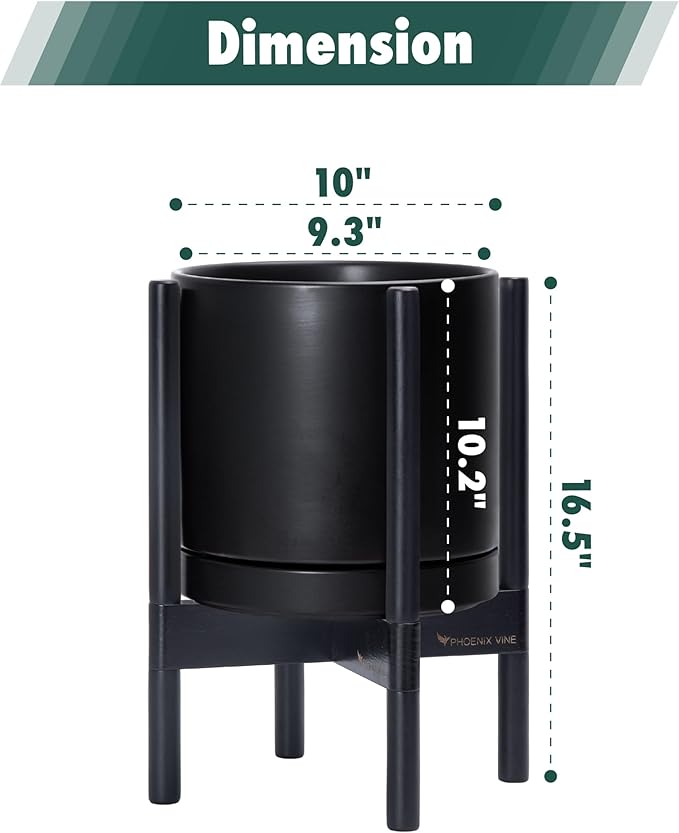D'vine Dev Ceramic Planter with Ebony Stand - 10 Inch Modern Round Flower Pot with Wood Planter Holder, Black, 55-B-L-2