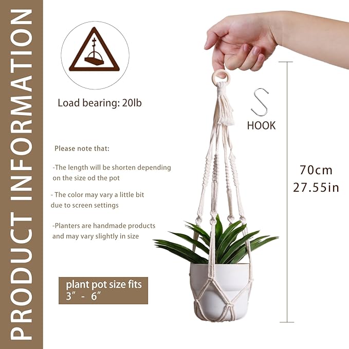 Artilady Plant Hanger Indoor Macrame Hanging Planters for Plants Holder Boho White Basket No Tassels Farmhouse Rustic Window Wall Decor