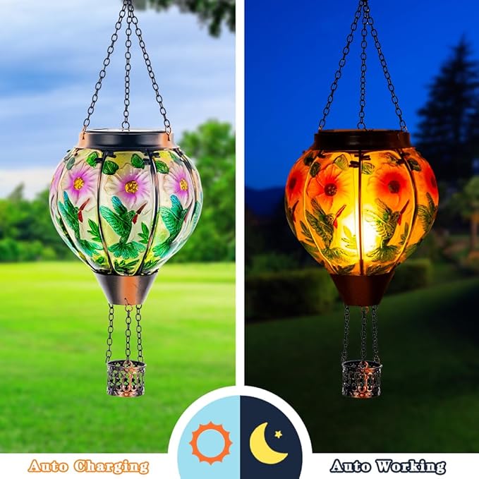 DREAMSOUL 2PCS Hummingbird Hot Air Balloon Solar Lantern, Hanging Glass Solar Lanterns Outdoor Waterproof for Garden Tree