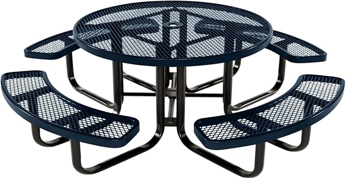 Coated Outdoor Furniture Heavy-Duty Portable Outdoor Kids Table with Umbrella Hole, Expanded Metal Kids Picnic Table, Commercial-Grade, Made in America (46 In, Round, Childrens, Dark Blue)