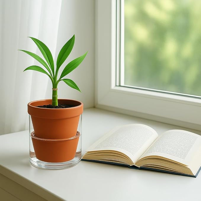 D'vine Dev 4 Inch Design Self Watering Pot for Indoor Plants, Terracotta Planter with Cylinder Glass Cup, Set of 4, 37-Z-A-1-F