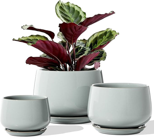 LE TAUCI Plant Pots for Indoor Plants, 4.1+5.1+6.5 inch, Set of 3, Ceramic Planters with Drainage Hole and Saucer, Indoor Flower Pot with Hole Mesh Pad, Gifts for Mom, Reactive Glaze Blue Gray