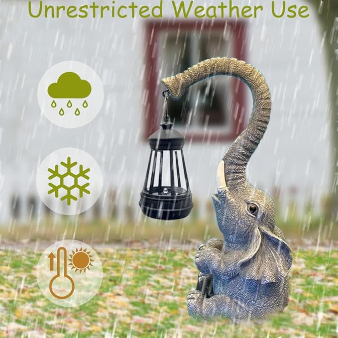 10.6 Inch Statue Elephant with Solar Outdoor Lights for Garden Decor，Lucky Present with Appeal for Birthdays(Man and Women and Family)，Unique Housewarming Presents and Yard Decor. (Gray)
