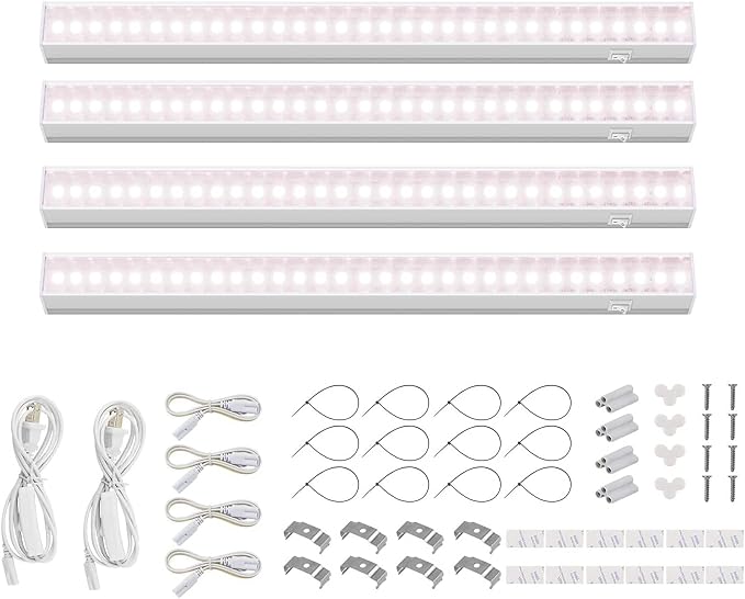 Barrina Grow Light for Indoor Plants, Full Spectrum Sunlight, 1ft Grow Lamp, LED Grow Light Bulbs, T5 Grow Light Strip, Plug and Play, Pinkish White, 4-Pack