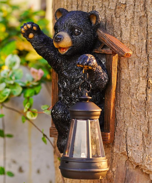 Black Bear Decor with Solar Lantern Tree Hugger - 7 Inch Bear Statue Outdoor Garden Yard Decor,Best Bear Garden Gifts for Mom,Women