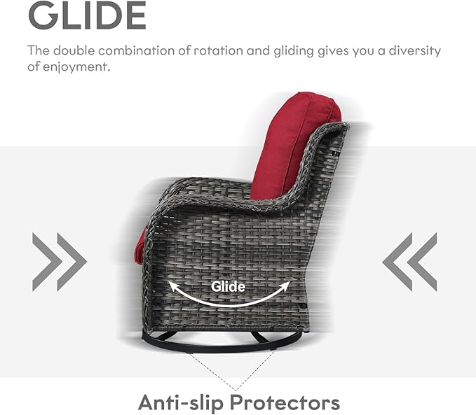 5 Piece Outdoor Patio Furniture Set - Wicker Furniture Patio Conversation Set, Outdoor Swivel Rocker Chairs with 3-Seater Sofa and 2 Ottomans for Small Space, Red Cushion