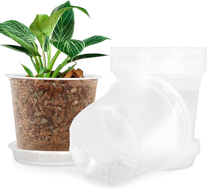 4/5/6/7 Inch Clear Nursery Pots for Plants with Sacuers 15 Pack, Plastic Flower Pots with Drainage Holes, Variety Pack Seedlings Garden Pot for Indoor Outdoor (7 inch)