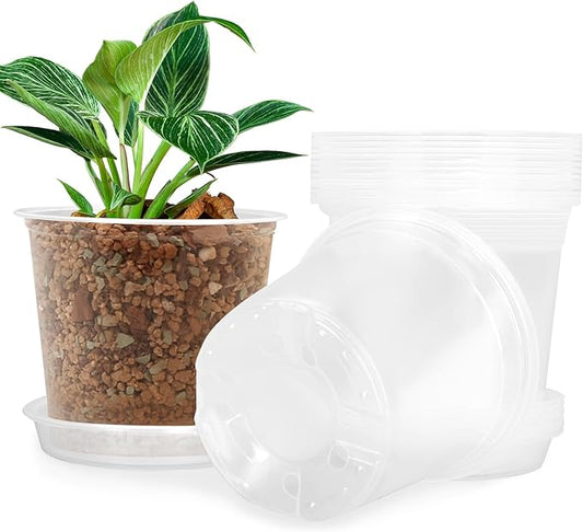 4/5/6/7 Inch Clear Nursery Pots for Plants with Sacuers 15 Pack, Plastic Flower Pots with Drainage Holes, Variety Pack Seedlings Garden Pot for Indoor Outdoor (5 inch)
