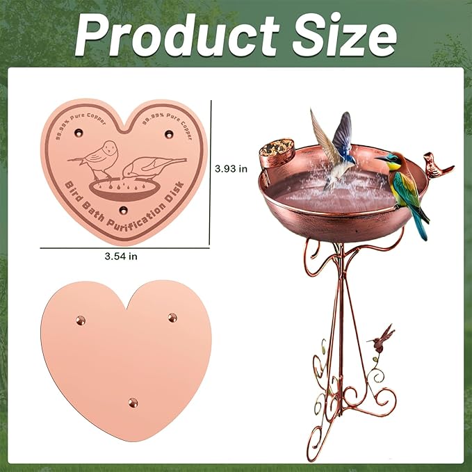 4-Pack 99.99% Pure Copper Bird Bath Purification Disk,Copper Disc with Stable Triple-Point Support,Fits All Outdoor Bird Baths(Heart-Shaped)