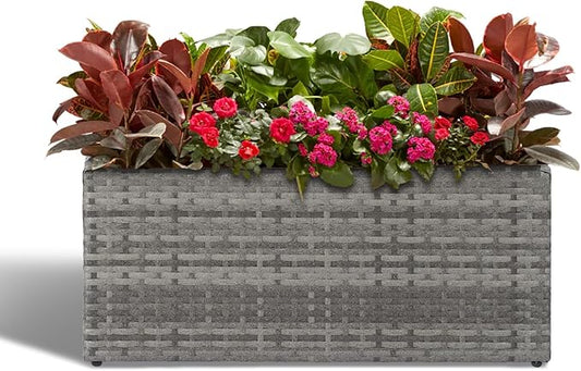 LEWIS&WAYNE Large Rectangular Block Planter Box Handmade Wicker Tall Planters for Outdoor Plants with Removable Liners Modern Planter for Indoor Outdoor Patio Deck - Gray, 30''x12''x16''