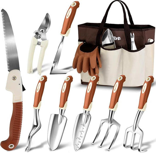 MelonArt Garden Tool Set,10 Pcs Heavy Duty Gardening Hand Tool Kit for Women Aluminum with Non Slip Ergonomic Handle, Storage Tote Bag and Gardening Gloves, Ideal Gifts for Women and Men