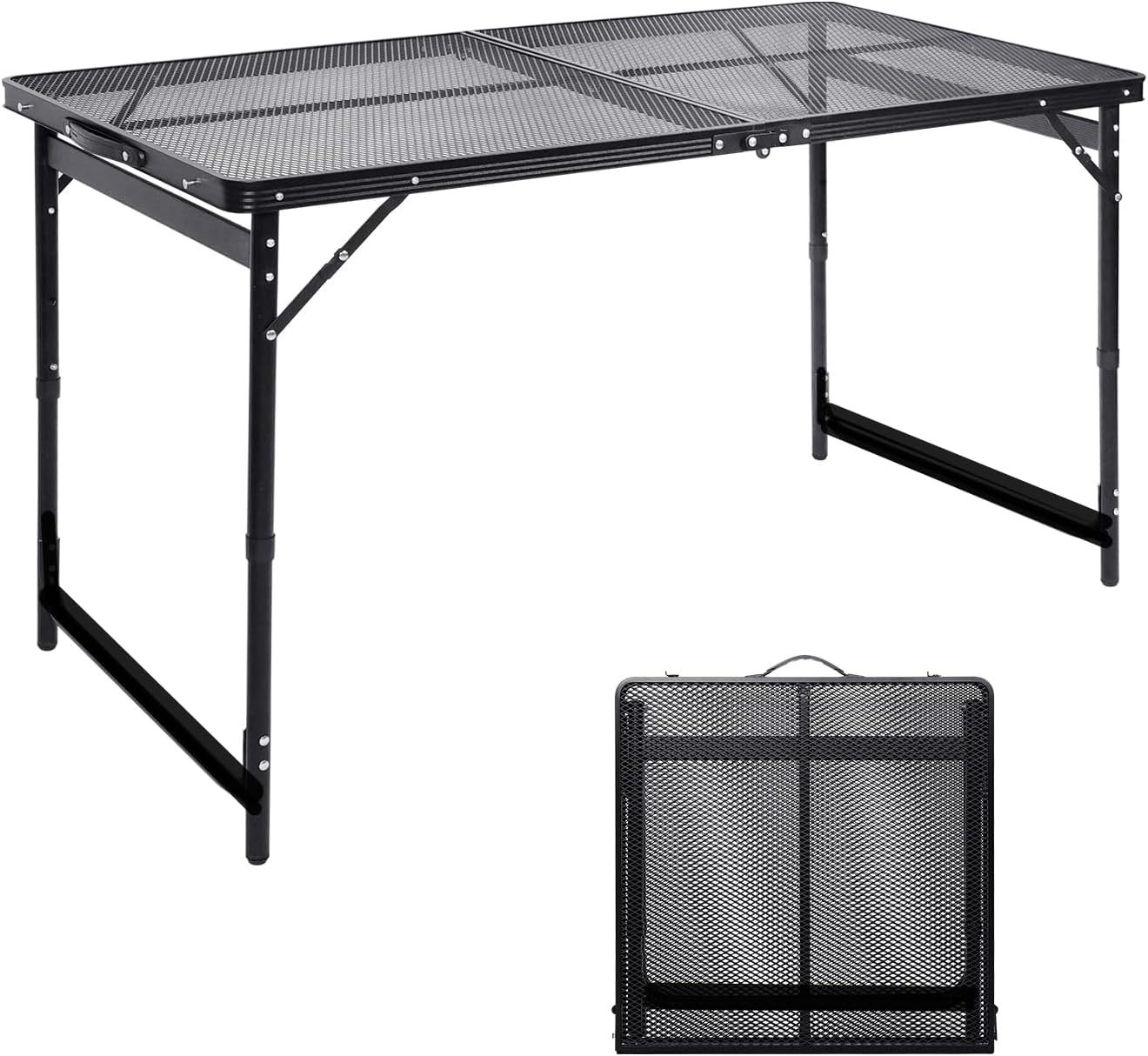 Camping Table 4FT Grill Table Foldable Folding Picnic Portable Stand Mesh 3 Height Adjustable Outdoor Card BBQ RV Black 47.2×23.6 inch