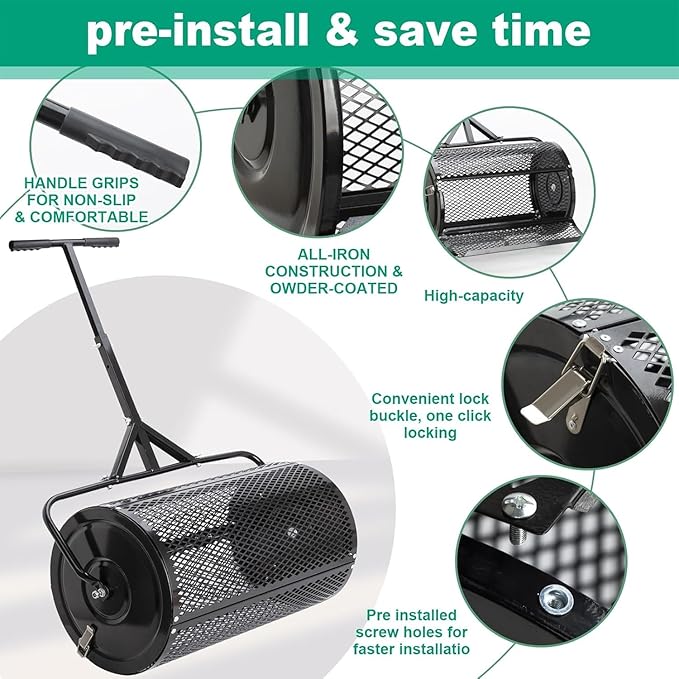 Compost Spreader, Durable Lawn Roller, Manure Spreader with Upgrade T Shaped Handle, Top Soil Spreader for Lawn and Garden Care Manure Spreaders Roller (16 Inch-T-Black-S)