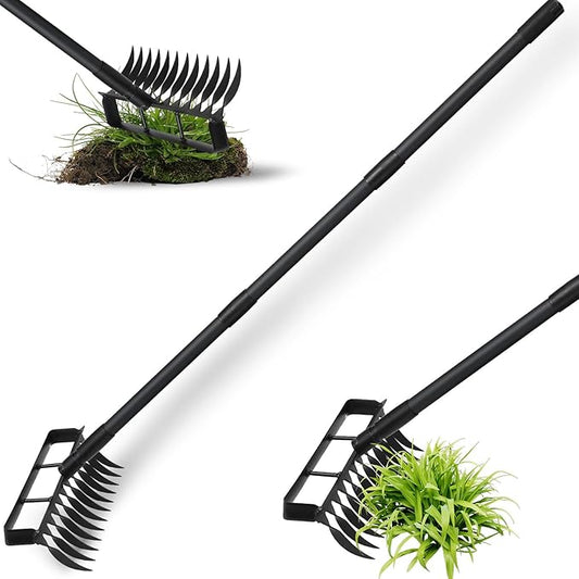 Stirrup Hoe Garden Tool Weed Puller with 76.8Inch Adjustable Stainless Steel Handle, Heavy Duty Hula Hoe and 12 Tines Rake 2 in 1 Gardening Tools Garden Cultivator for Weeding Soil Loosening, Black