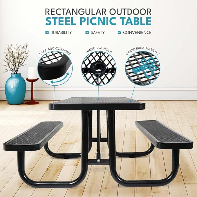 6 ft. Rectangular Outdoor Steel Picnic Table with Umbrella Pole, Heavy-Duty Weather-Resistant Dining Table for Patio, Backyard, and Garden, Rust-Resistant Finish, Black