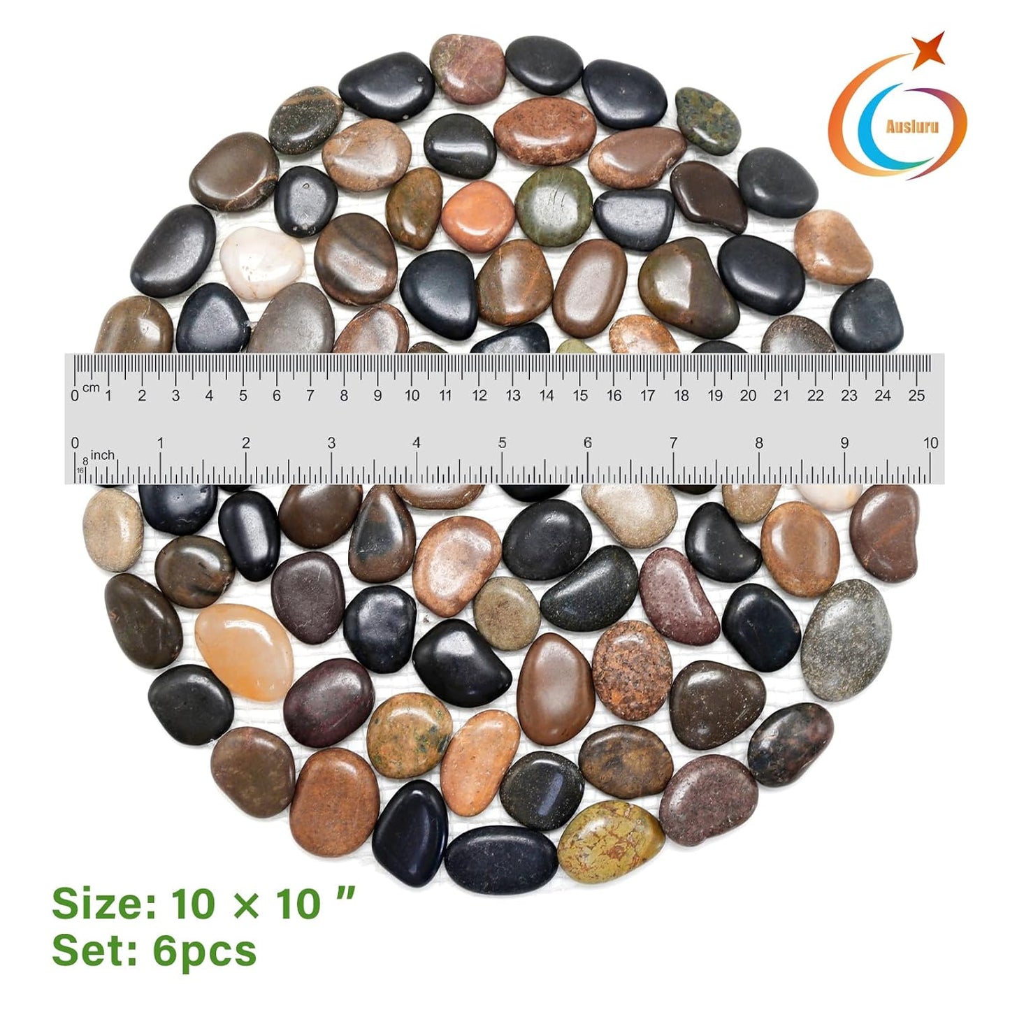 10in River Rock Stepping Stones Set - 6 Pack | Polished Pebble | Long-Lasting PVC Mesh Backing | Perfect for Garden Paths and Lawns Outdoor Landscaping Decoration | Mixed Circle